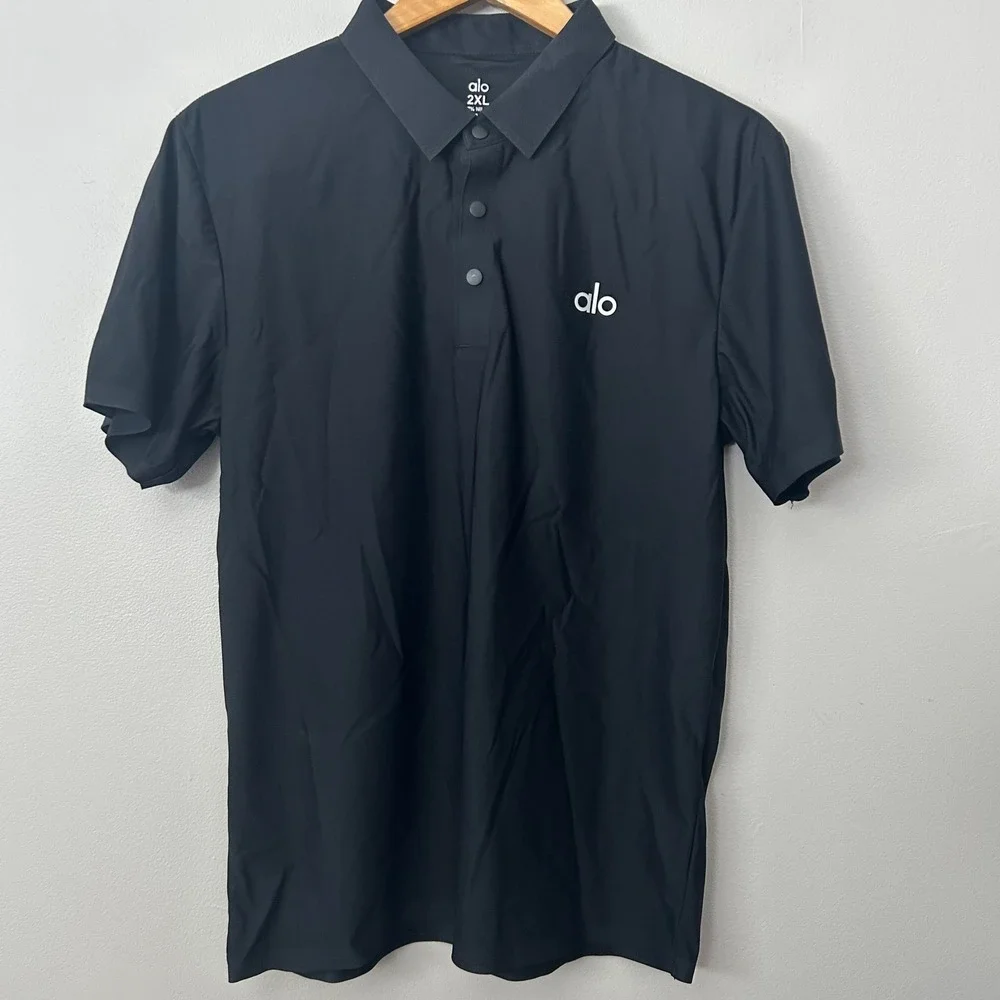 Alo Yoga Polo Shirt Womens 2XL Black Snap Button Short Sleeve Performance